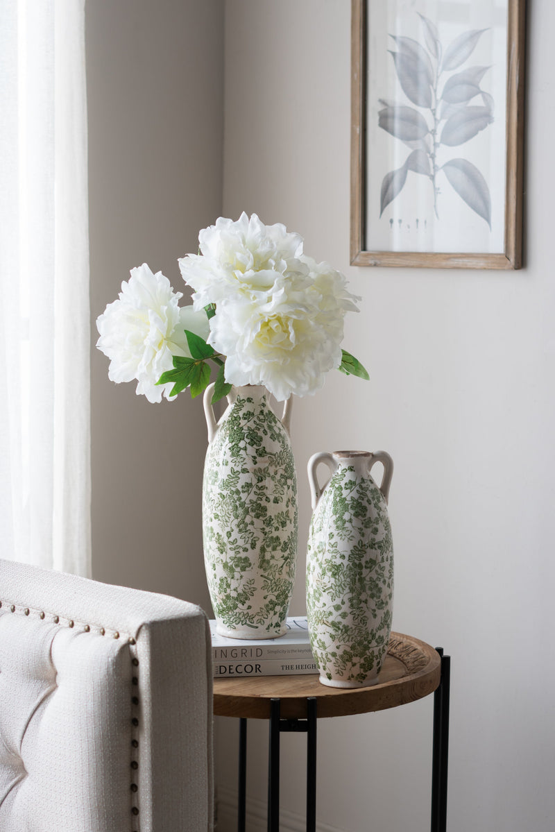 5.9x5.9x15.6' White Ceramic Flower Vase with Green Floral Pattern and Small Handles, photo 6 of 7