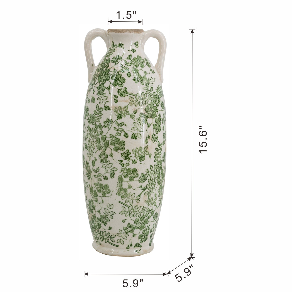 5.9x5.9x15.6' White Ceramic Flower Vase with Green Floral Pattern and Small Handles, photo 7 of 7