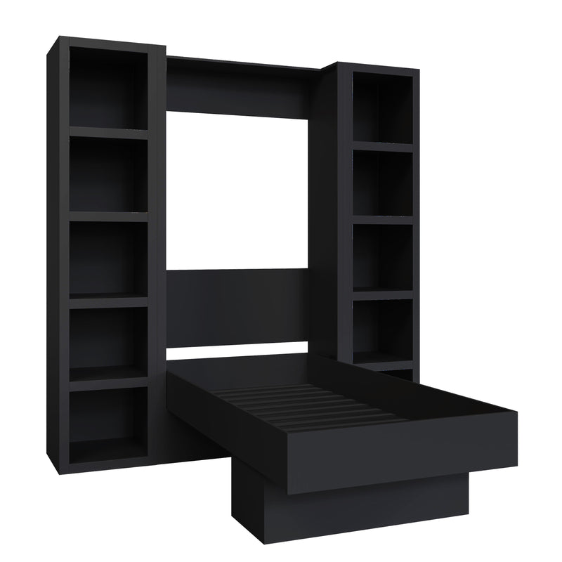 Easy-Lift Twin Murphy Wall Bed in Black with Two Bookshelves