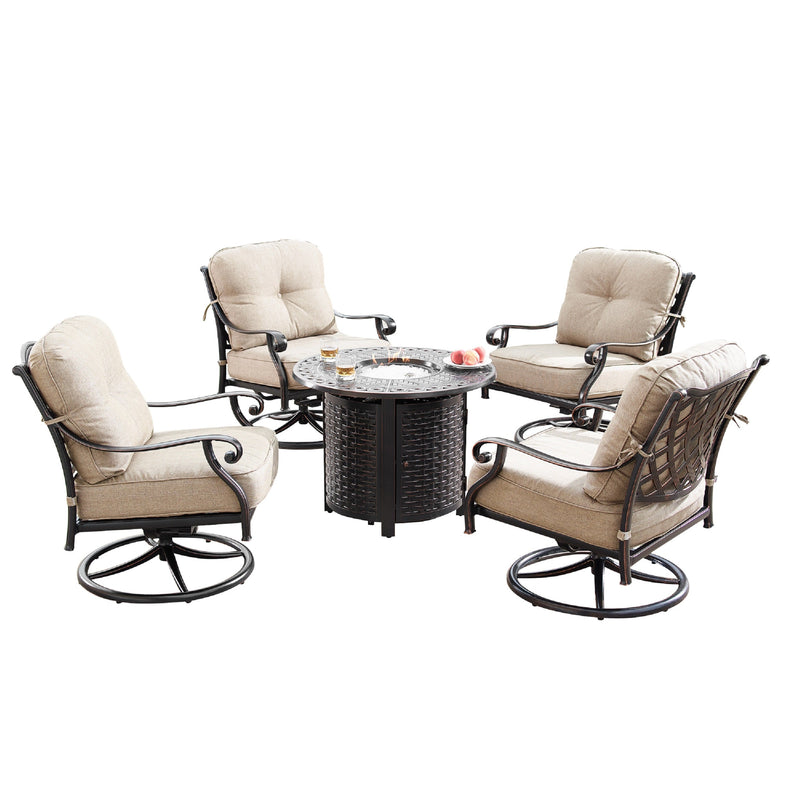 Aluminum 34-in Round Patio Fire Table Set with Swivel Rocking Chairs