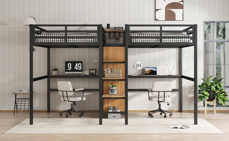 Twin Over Twin Metal Loft Bed with Double Desk and Wardrobe and Shelves with Electrical Outlet for Space Saving and Noise Reduction, woodgrain