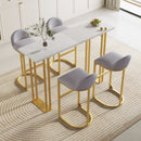 5 Pcs Bar Table and Chairs Set, Modern Gold White Table with 4 Velvet Cushion Bar Stools, Kitchen Counter High Top Table, Breakfast Table Set, Space Saving Table for Home & Kitchen, Gold Frame