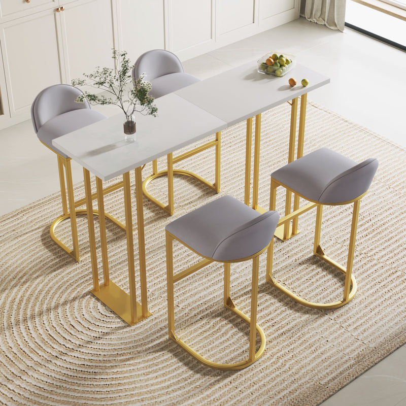 5 Pcs Bar Table and Chairs Set, Modern Gold White Table with 4 Velvet Cushion Bar Stools, Kitchen Counter High Top Table, Breakfast Table Set, Space Saving Table for Home & Kitchen, Gold Frame