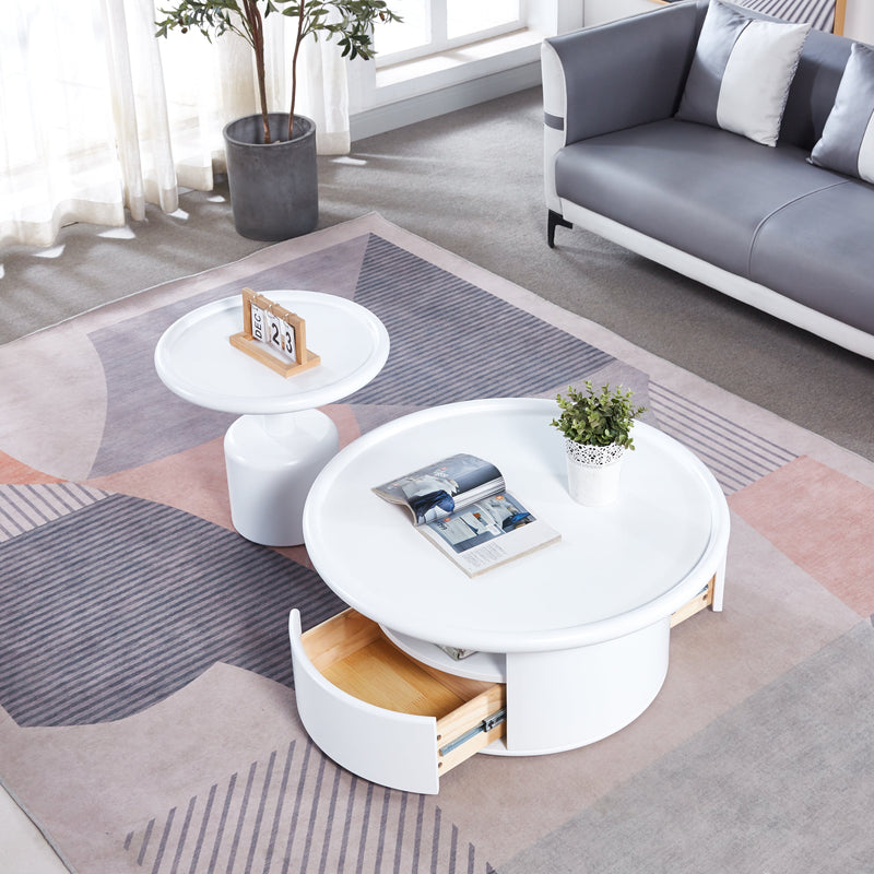 2 Pieces White MDF Round Coffee Table Set for Living Room, Bedroom