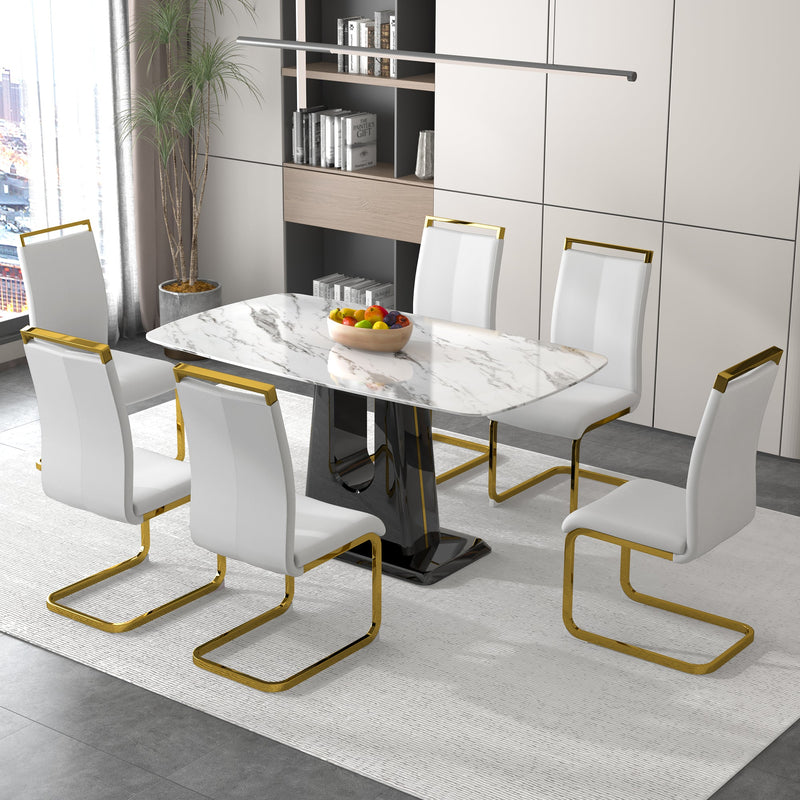 A modern, minimalist, and luxurious dining table with a white imitation marble tabletop and MDF legs with U-shaped brackets. Tables in restaurants and living rooms 63"x35.4"x30 F-U