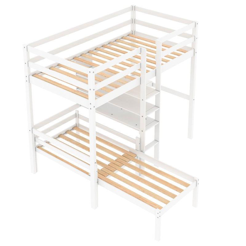 Convertible Loft Bed with L-Shape Desk, Twin Bunk Bed with Shelves and Ladder, White
