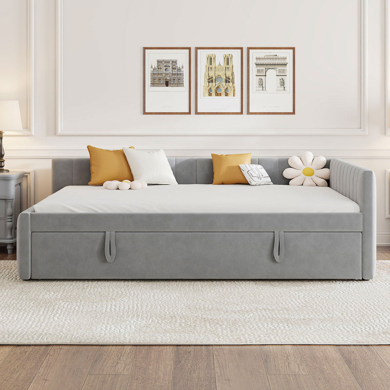 Full Size Upholstered L-Shaped Upholstered Daybed with Twin
Size Pop Up Trundle, Gray