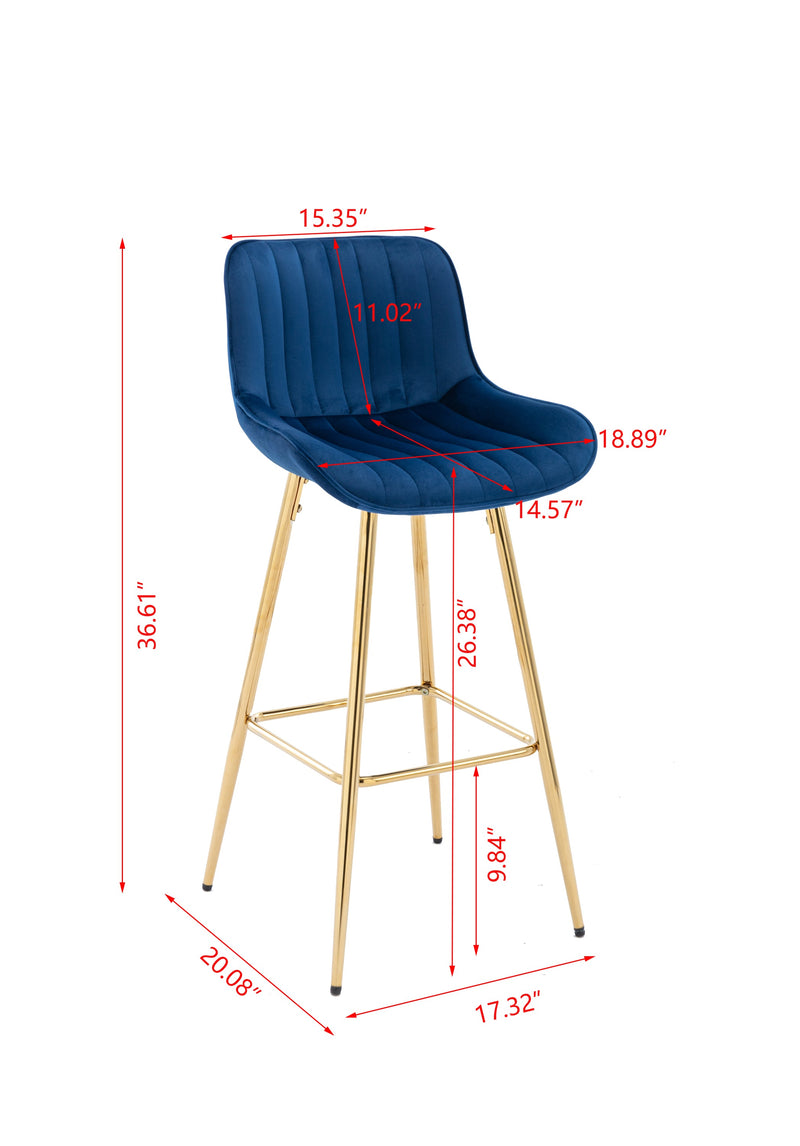 26 Inch Set of 2 Bar Stools, with Steel Frame Footrest Velvet Fabric Golden Leg Simple Bar Stool, BLUE