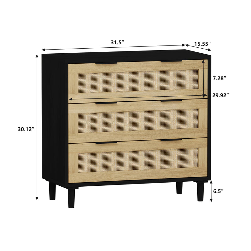 31.50"3-Drawers Rattan Storage Cabinet Rattan Drawer,for Bedroom,Living Room,Dining Room,Hallways,Black