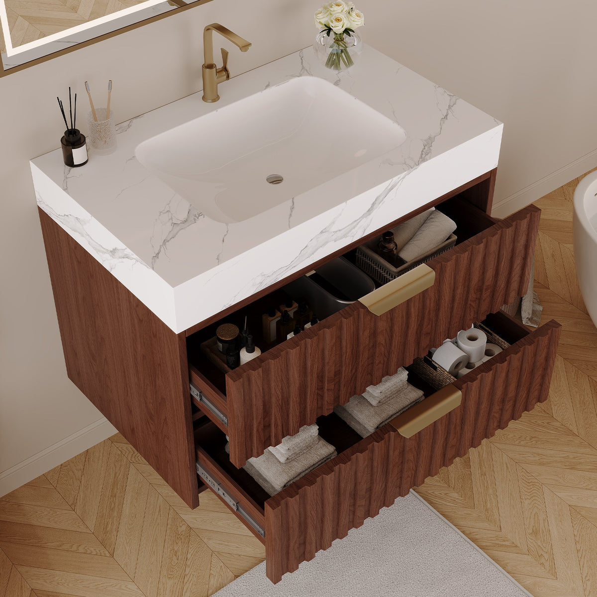 30" Modern Floating Bathroom Vanity with Seamless Sintered Stone Top, photo 6 of 10