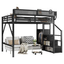 Queen Size Loft Bed With Stairs, Storage Shelves, Wardrobe - Black by HouseOfZazla