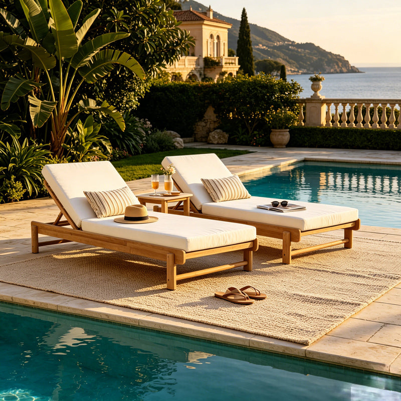 Light Teak Acacia Wood Chaise Lounge Set: 1 Frame + 1 Cushion, photo 5 of 10