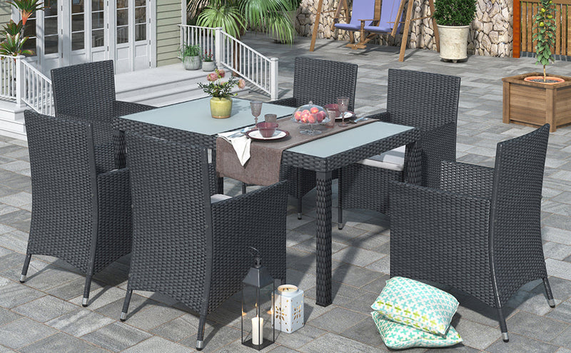 7-piece Outdoor Wicker Dining set - Dining table set for 7 - Patio Rattan Furniture Set with Beige Cushion (Black)