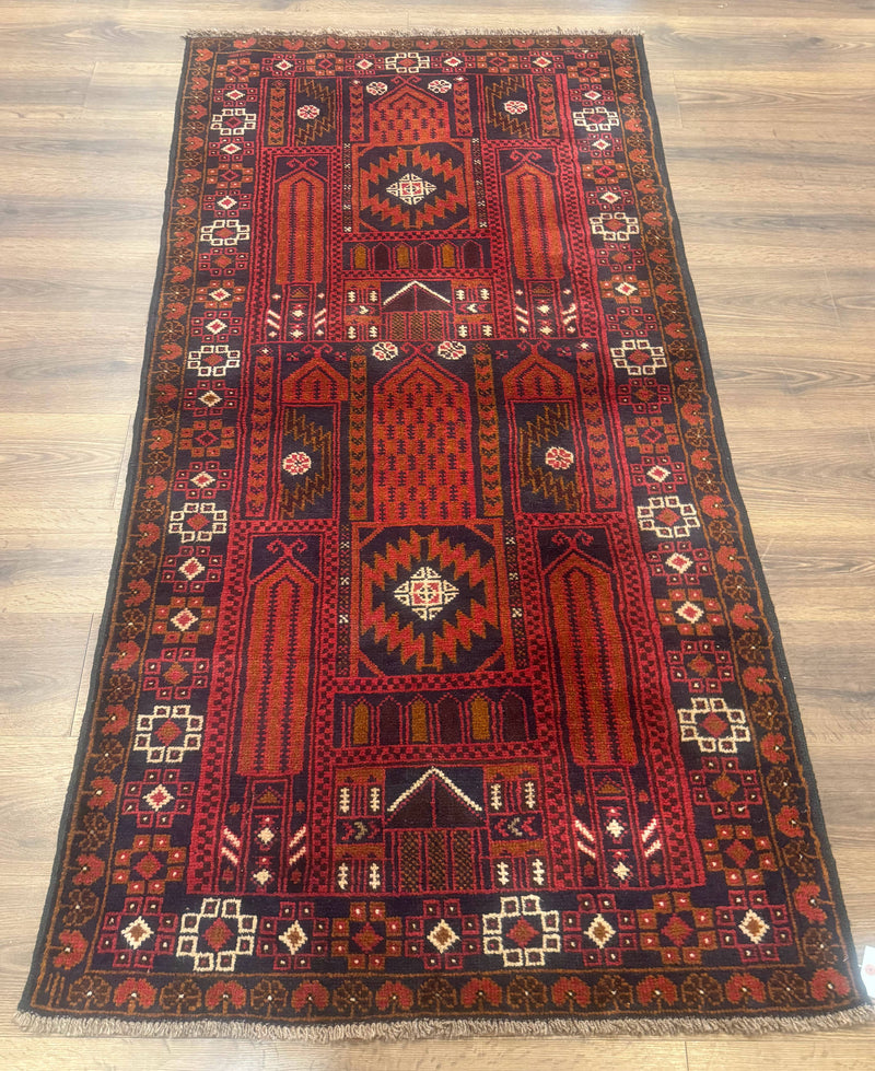 Afghan Rug 3x7, Balouch Carpet, Tribal Rug, Red, New