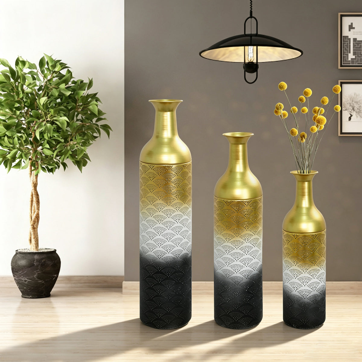 Decorative Metal Vases Set of 3, Leaf Pattern Floor Vases, photo 6 of 10