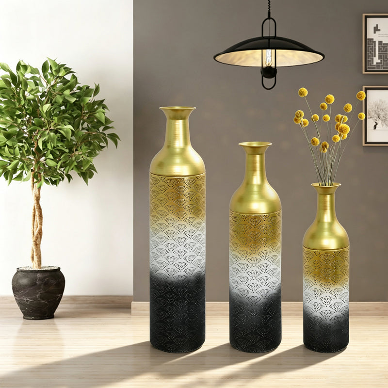 Decorative Metal Vases Set of 3, Leaf Pattern Floor Vases, photo 6 of 10