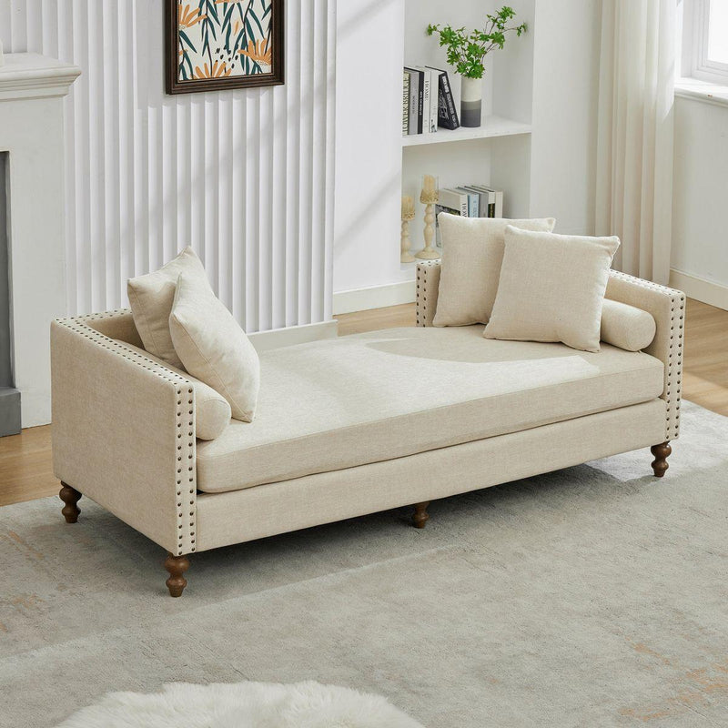 75.2'' Wide Upholstered Chaise Lounge Indoor with Nailheads,Sleeper Sofa Couch With 4 Throw Pillows&2 Bolsters,Daybed with Rubberwood Legs For Living Room,Bedroom, Apartment,Guestroom,Beige Chenille