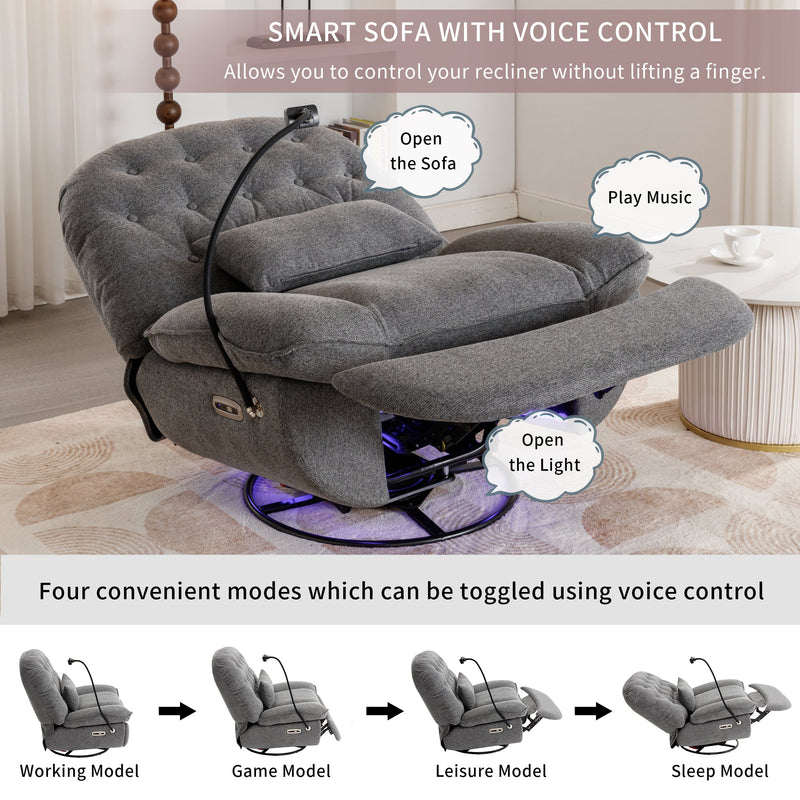 270 Degree Swivel Power Recliner with Voice Control, Bluetooth Music Player,USB Ports, Atmosphere Lamp, Hidden Arm Storage and Mobile Phone Holder for Living Room, Bedroom, Apartment, Grey