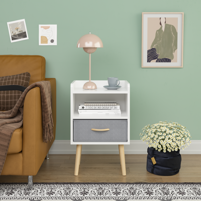 2PC Nightstand With Collapsible Fabric Drawer, 2-Tier Storage End Table, Wood Side Table with Storage Cabinet for Bedroom, Living Room - White