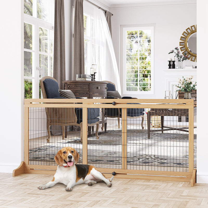 72" W x 27.25" H Extra Wide Freestanding Pet Gate with Adjustable Length Dog, Cat, Barrier for House, Doorway, Hallway, Natural