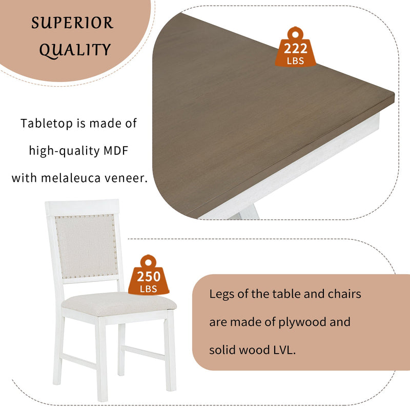 5-Piece Retro Dining Set, Rectangular Wooden Dining Table and 4 Upholstered Chairs for Dining Room and Kitchen (Brown+White)