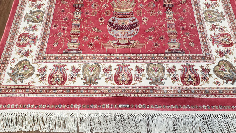 4 x 6 Silk Carpet Red, Traditional Oriental Rug 4x6, Flower Vase Columns, Turkish Rug New, High Quality, Bamboo Silk, Area Rug