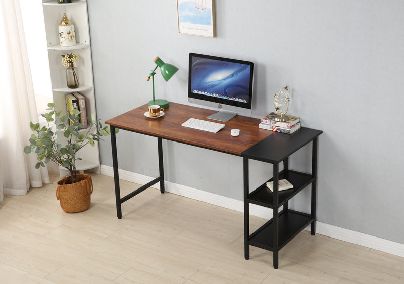 55-inch oversized computer desk, small study desk with wooden storage shelf, 2-layer industrial modern laptop desk with splicing board, (black and Rustic Brown)