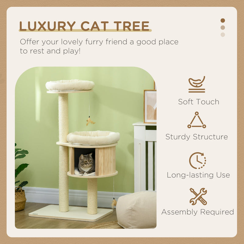 3-Level Cat Tree with Sisal Scratching Posts, Fun Cat Badminton Toy for Playing, Soft Cushions, & Play Areas