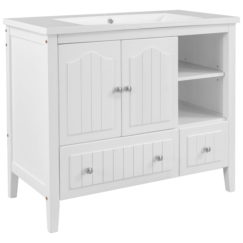 36" Bathroom Vanity with Ceramic Basin, Bathroom Storage Cabinet with Two Doors and Drawers, Solid Frame, Metal Handles, White