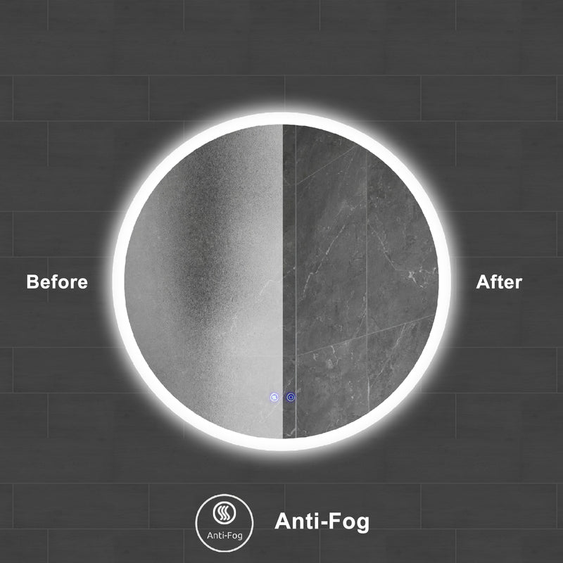 32 x 32 Inch Round Frameless LED Illuminated Bathroom Mirror, Touch Button Defogger, Metal, Silver