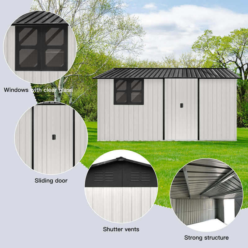 Metal garden sheds 12ftx10ft outdoor storage sheds white+black with window with sliding door