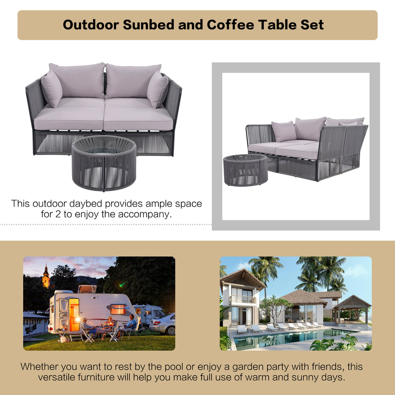 2-Piece Outdoor Sunbed and Coffee Table Set, Patio Double Chaise Lounger Loveseat Daybed with Clear Tempered Glass Table for the patio, poolside (Grey Cushion + Dark Grey Rope)