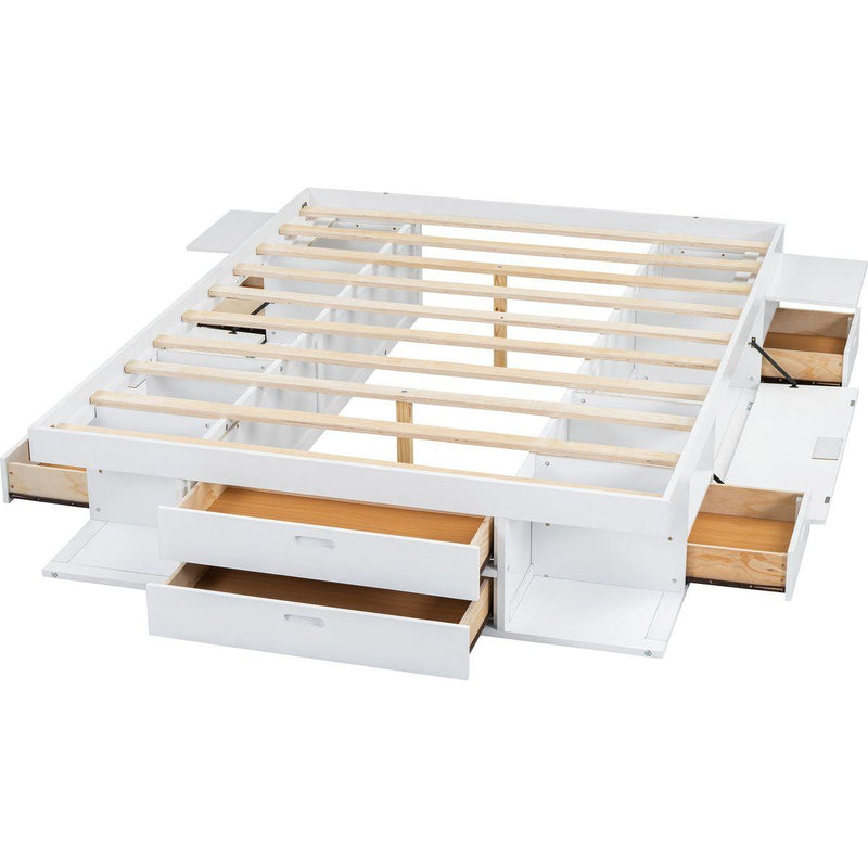Storage Platform Bed Frame with Multiple Drawers and Shelves No Box Spring Needed, Queen Size,White