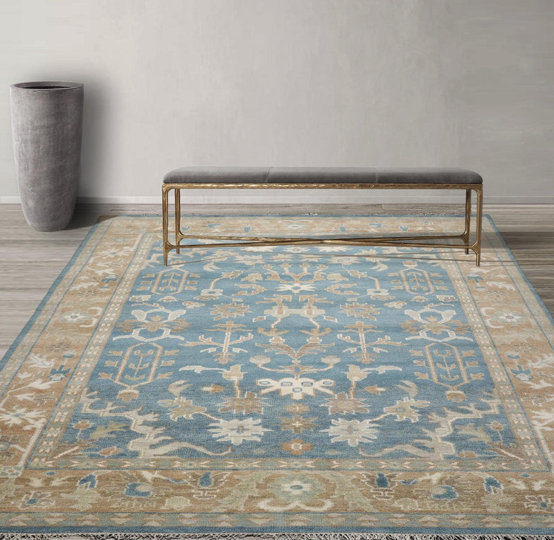 8’11" x 11’11”Muted Hand Knotted Wool Traditional Indo Herizz Area Rug Blue