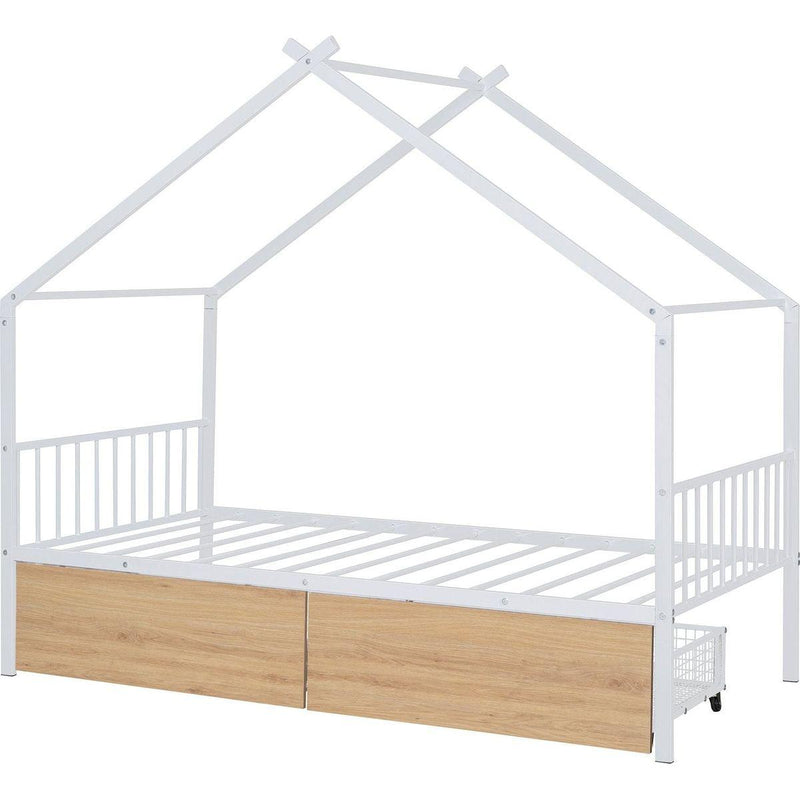 Twin Size Metal House Bed with Two Drawers, White