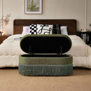 Oval Upholstered Storage Ottoman with Fringe Trim, 39.4"