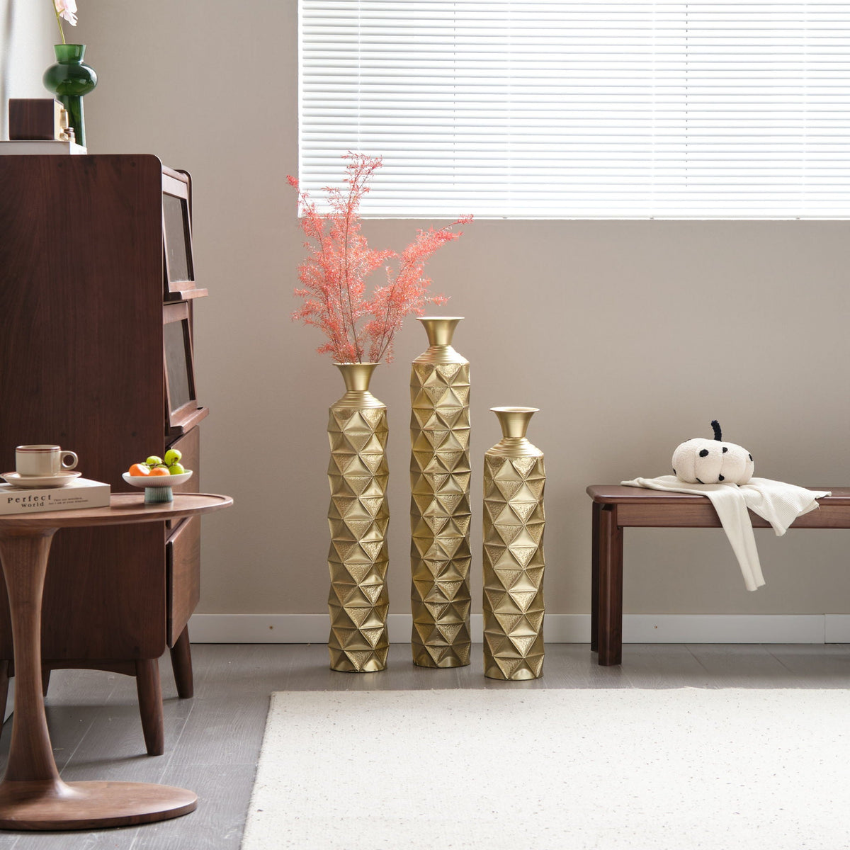 Metal Decorative Vase High Distress Metal Center Vase With 3D Triangle Pattern, (Set of 3) Vases For Home Decoration - Gold, photo 18 of 18
