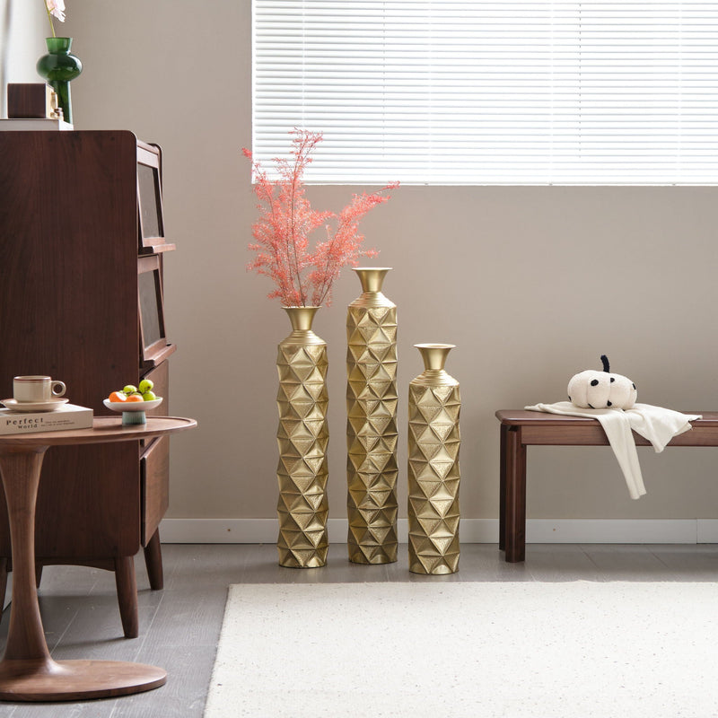 Metal Decorative Vase High Distress Metal Center Vase With 3D Triangle Pattern, (Set of 3) Vases For Home Decoration - Gold, photo 18 of 18