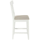 60"Lx30"W Solid Wood Farmhouse Counter Height Dining Table Set with 3-Tier Storage Shelves, Upholstered Dining Chairs for 4, 5-Piece, White