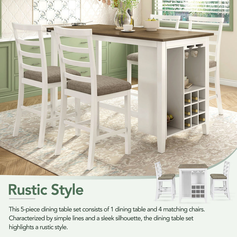 5-Piece Multi-Functional Rubber Wood Counter Height Dining Set with Padded Chairs and Integrated 9 Bar Wine Compartment, Wineglass Holders for Dining Room (Brown + White Wash)