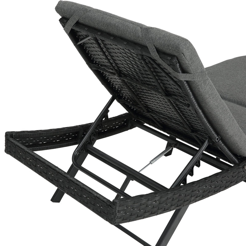 Walker Edison - Steel folding Lounge Sets Outdoor Rattan Adjustable Back 3 Pieces Cushioned Patio Folding Chaise Lounge with Folding Table (Gray)