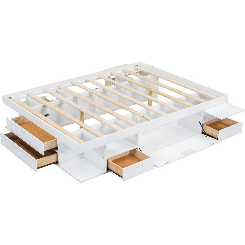 Storage Platform Bed Frame with Multiple Drawers and Shelves No Box Spring Needed, Queen Size,White