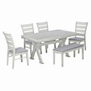 6-Piece Retro 59"L Rectangular Dining Table Set, Table with Unique Legs and 4 Upholstered Chairs & 1 Bench for Dining Room and Kitchen (White)