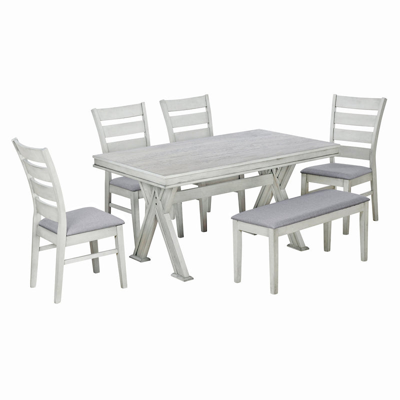 6-Piece Retro 59"L Rectangular Dining Table Set, Table with Unique Legs and 4 Upholstered Chairs & 1 Bench for Dining Room and Kitchen (White)