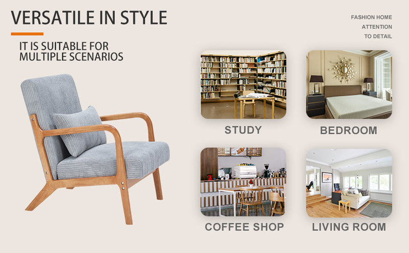 Mid-Century Modern Accent Chair, Arm Chair Living Room Chairs with Pillow Upholstered Reading Chair with Solid Wood Frame &  Living Room Bedroom Balcony (Antique Dark Grey)