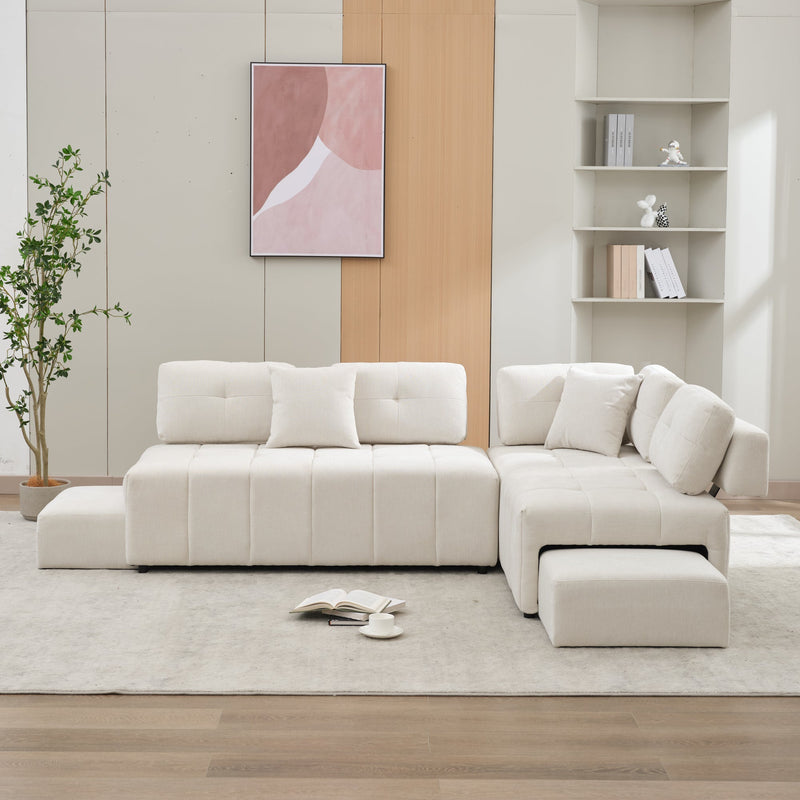 91.73" L-shaped Sofa Sectional Sofa Couch with 2 Stools and 2 Lumbar Pillows for Living Room, Biege