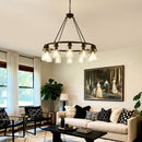 12-Light Black Wagon Wheel Chandelier, 31.5" Modern Farmhouse Glass Pendant