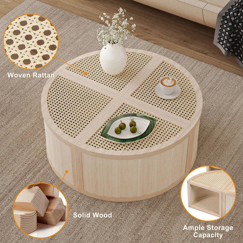 Walker Edison - Round to Square Block Modular Coffee Table Light Natural Rattan with Storage 4 Piece