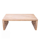 Rustic Carved Wood Coffee Table, Handcrafted Look With Ornate Side Panels