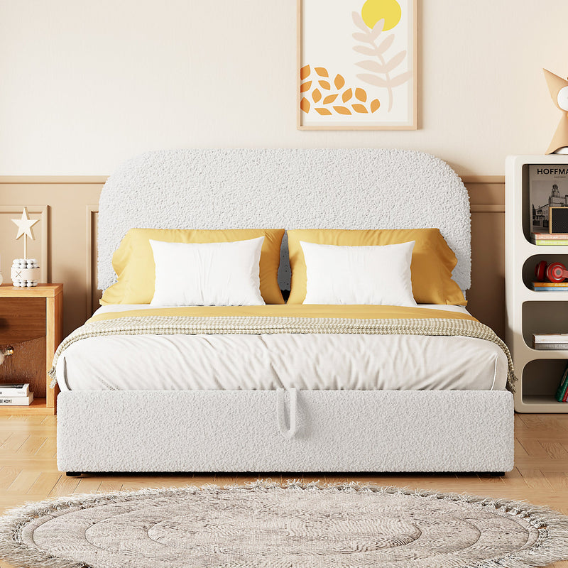 Walker Edison - Teddy Fleece Full  Size Upholstered Platform Bed with Hydraulic Storage System, White